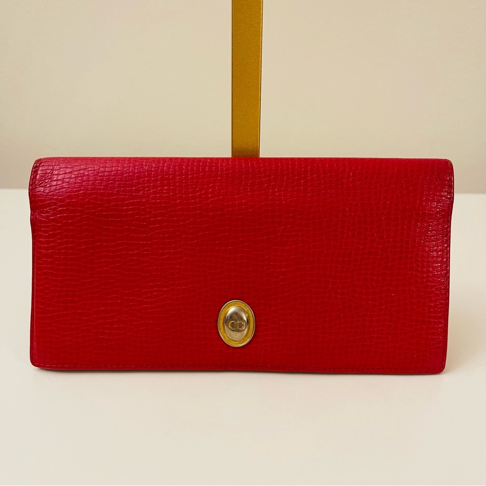 Vintage Christian Dior Red Pebbled Leather Continental Wallet